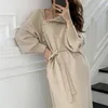 Rollkragen Tasten Spitze-up Herbst Winter Elegante Kleider für Frauen Robe Pullover Maxi Kleid Weibliche Dick Gestrickte Kleid 240124