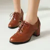Dress Shoes Solid Brown Burgundy Color Round Closed Toe Brogue Design British Style Ladies Office Pumps Square Chunky Heeled Women