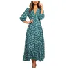 Casual Dresses Women Chiffon Long Dress Floral Print Lantern Sleeve A-Line Maxi Vestidos Elegant Vintage V Neck