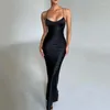Robes décontractées dos nu noir satin maxi Y2K sexy col de capot mode 2024 robe d'été chic fête moulante robe de bal pour les femmes