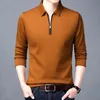 Smart Casual Mens Solid Polo Shirt Spring Autumn Long Sleeve Zipper Collar Affär Fashion Loose Polos Tops kläder 240126
