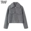 TRAF Tweed Cropped Jacket Women Grey Zip Oversize Jacket Woman Long Sleeve Casual Jackets for Women Streetwear Soft Coats 240125