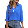 Blusas femininas escritório senhora camisa topos bolso blusa solta elegante coleção primavera/outono cor sólida lapela longa