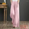 Damesbroeken Losse vrouwelijke wijde pijpen paarse kleding Baggy elastische taille Linnen roze broek voor dames in Koreaanse mode Esthetische G