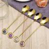 Coffee Scoops Dessert Spoon Natural Water Droplet Type Stone Stainless Steel Gold Tableware Fork Octahedron Blue Fluorite
