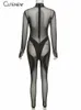 Cute Sexy Mesh See Through Patchwork Jumpsuits Women Solid Black Zip Fitness Activity Long Sleeve Turtleneck Stretch Clubwear 240130