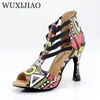 WUXIJIAO PRINT 407 presenterad för Latin Salsa Boots Paty Ballroom Dance Women Shoes 9cm 240125