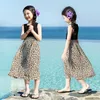 Vestidos de menina 2024 estilo coreano vestido maxi sem mangas com estampa de leopardo para meninas grandes: vestido de verão chiffon