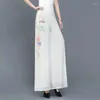 Damenhose, Stickerei, nationaler Stil, chinesische Vintage-Harajuku-Mode, Damenhose, Schwarz, Weiß, Hosenrock, Chiffon, weites Bein für Damen