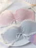 Bras Sets Fashion Women Gray Pink Sexy Lingerie Bow Bralette Cotton Panties Cross Straps Push Up Wireless Bra Underwear