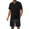 Survêtements pour hommes manches courtes et shorts ensemble été coton lin couleur unie t-shirt 2 pièces costume hommes smoking
