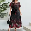 Plus Size Dresses Wedding Elegant Flowing Dress Women Belted V-neck Floral Print A-line Maxi