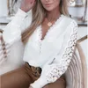 Vrouwen Blouses Herfst Mode Witte Lange Mouwen V-hals Kant Splice Shirt Elegante Vrouwen Hol Losse Kantoor Blusas De Encaje