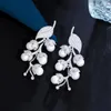 Dangle Earrings CWWZircons Glamorous Leaf Shape Cubic Zirconia Paved Cluster Pearl Long Wedding Engagement Party For Women CZ613