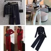 Knitting Suit Female Fall Winter Fashion Temperament Round Neck Long Sleeve Sweater Wide-Leg Pants Two-Piece Sets Women