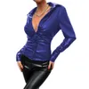 Sexy Femmes Casual Tops Veste Bouton En Cuir Verni Gaine Chemise À Manches Longues Col Rabattu Slim Blouses Bureau Dames S-7XL 240129