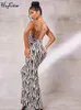 Sukienki swobodne Hugcitar Zebra Print Swing kołnierzyka bez rękawów bez pleców Slit Maxi Prom Sukienka 2024 Summer Party Club strój wieczór elegancki