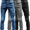Retro Moto Biker Straight Elastic Jeans Men Zipper Hole Streetwear Punk Skinny Denim Cargo Pants Pantalones Hombre Y2K Clothing 240127