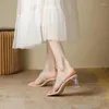 Sandaler 2024 Summer Women Luxury String Bead Glass Crystal Square High Heels Classic Transparent PVC Slides tofflor