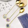 Coffee Scoops Dessert Spoon Natural Water Droplet Type Stone Stainless Steel Gold Tableware Fork Octahedron Blue Fluorite