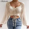 Sexy Vneck Femmes Blouses Cordon À Manches Longues Crop Tops Dames Mode Été Chemise Courte Femme Vêtements Blusas Camisas Mujer 240127