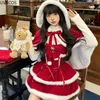 Work Dresses Japanese Kawaii Lolita Dress Sets Women Hooded Shawl Short Jackets Bow Mini Skirt Korean Style Sweet Red Christmas Year Suit