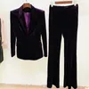 Velvet Blazer Pants Women Set Purple Brown Autumn Winter One Button Jacket Flare Pants Two Piece Office Female Suit 240127