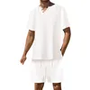 Survêtements pour hommes manches courtes et shorts ensemble été coton lin couleur unie t-shirt 2 pièces costume hommes smoking