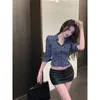 女性のブラウスQWEEK GYARU STRIPED SHIRTS韓国ファッションセクシーな女性ヴィンテージハラジュクスリムクロップトップ