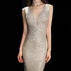 Deserveado Elegant V Vestido de lantejoulas de pescoço longa Mulheres sereia vestido formal Vestido Bodycon Maxi Prom Dress 240328