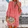 Casual Dresses Ethnic Style Embroidery Hollow Out Bow Women Dress Boho Beachwear Long Sleeve Ruffles V-Neck Floral Pullover Yellow Robe