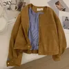 Süet Kısa Ceket Kadın Kore Deve Moda Uzun Kollu Uçuş Takım Harajuku Tek Kesin Kru arıksız Gevşek Üstler Kadın Vintage Coats 240122