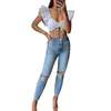 Kvinnors T-skjortor Hirigin Sexiga ruffles Fly Sleeve Crop Tops For Women Summer Solid Color V-Neck Lace-Up Bandeau Chic Female T-shirt