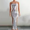 Bühnenkleidung Glänzender Trichter Silber Quasten Diamantkette Kleid Geburtstag Feiern Outfit Abend Lange Kleider Frauen Tanzkostüme XS5767