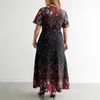 Plus Size Dresses Wedding Elegant Flowing Dress Women Belted V-neck Floral Print A-line Maxi