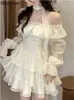 Mini-jurk dames schuine nek kleding esthetiek Koreaanse mode slank pittig meisje gegolfd prinses meisje hoge taille mode kawaii 240210