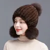 Chapeau d'hiver en vraie fourrure de vison pour femmes, tricoté en fourrure de vison, bonnet chaud, bonnet en spirale avec pompon en fourrure de renard sur le dessus, 240122