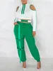 LW grande taille femmes couleur bloc fermeture éclair découpé col rond épaule froide percé cordon conception deux pièces costumes pantalon ensemble 240131