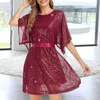 Robes décontractées Femmes robe de bal demi-split manches chauve-souris col rond lâche paillettes brillantes double couche ceinturée taille haute taille douce club fête