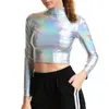 T-shirts Femmes 2024 Femmes Punk Turtleneck à manches longues Crop Top Chemise holographique Rave Club Dance Mock NeckLiquid Tops courts métalliques