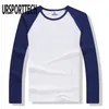 Primavera outono manga longa t camisa masculina contraste cor gola redonda algodão masculino casual fino ajuste raglan tshirts topos t 240130