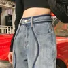 Pantalon en jean taille haute pour femme, bleu, jambe droite avec poches, printemps vibrant, années 2000, Y2k, années 90, esthétique R Z