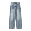 Herr jeans 2024 koreanska mode baggy vintage rak överdimensionerade breda benbyxor gata hiphop y2k byxor blå