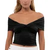 Women's Tanks Women S V Neck Crop Tops Off Shoulder Short Sleeve Twist Knot Front T-Shirts Solid Slim Fitted Going Out Aesthetic Clothes