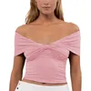 Women's Tanks Women S V Neck Crop Tops Off Shoulder Short Sleeve Twist Knot Front T-Shirts Solid Slim Fitted Going Out Aesthetic Clothes