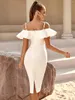 Vestidos casuais designer moda mulheres branco verão bodycon bandage vestido espaguete cinta fora do ombro babados na altura do joelho elegante formal