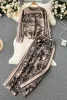 2-delige set gebreide dierenprintsets dames O-hals gebreide trui met lange mouwen + wijde pijpen lange broek Casual patch mode