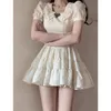 Casual Dresses All-Match 90-tals Harajuku Bubble Sleeve Sweet Kawaii Dress Women Bow Lace French Vintage High midje Mini Kvinna