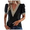 Women's T Shirts V-Neck Lace Loose Top Hollowed Out Short Sleeve T-Shirt Cropped Y2k Tops Cute Tank Luxury Clothes Women Crop