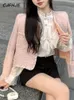CJFHJE Style coréen Vintage élégant dame Tweed vestes rose à manches longues costume manteau femmes automne hiver court noir Blazers femme 240124